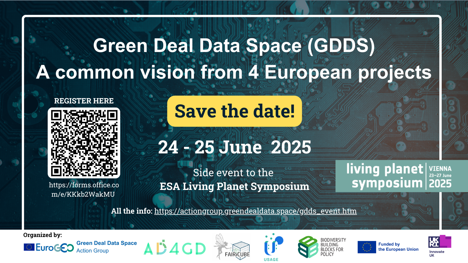 Banner for the event 'Green Deal Data Space (GDDS), a common vision from 4 European projects'. Save the Date: 24.25 June 2025
